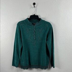 Jenny Women’s Small Dark Green Sweater Crochet Trim Beaded Button Front Floral M